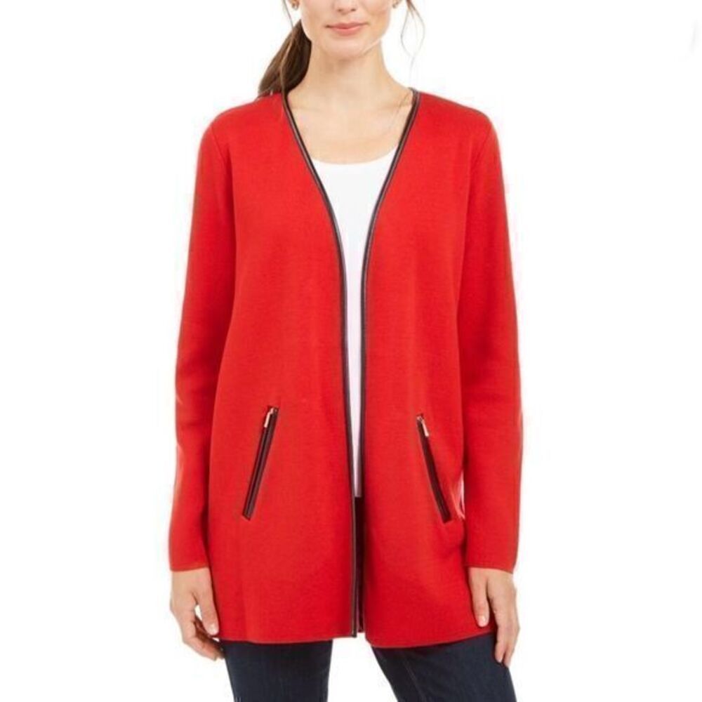 100% Cotton Red Open Cardigan Sweater Leather Trim L